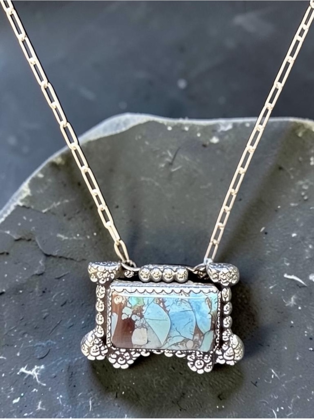 Genuine Golden Hills Solid Sterling Silver Rectangular Pendant Necklace